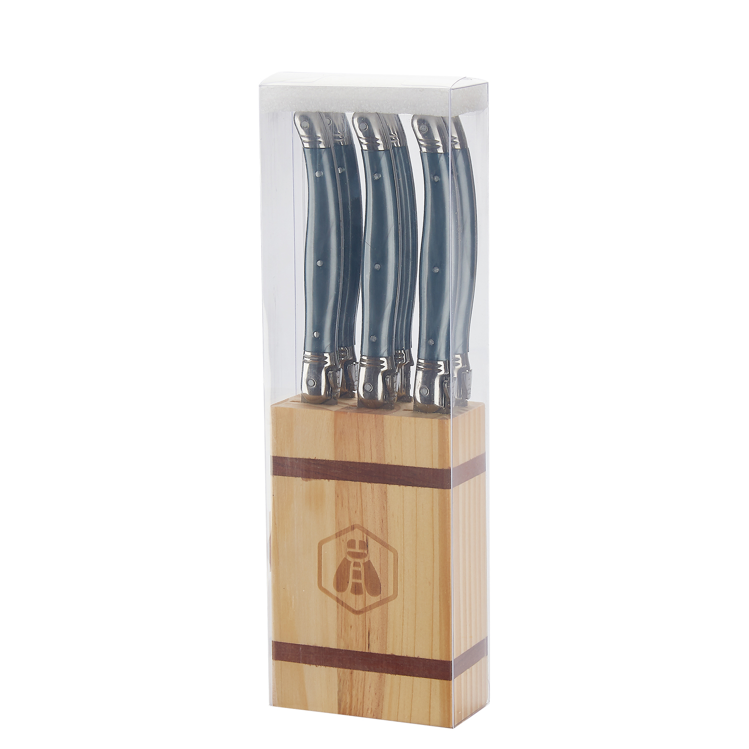 Laguiole - 6-tlg. Steakmesser Set "Grey Plastic/Pine" inkl. Block